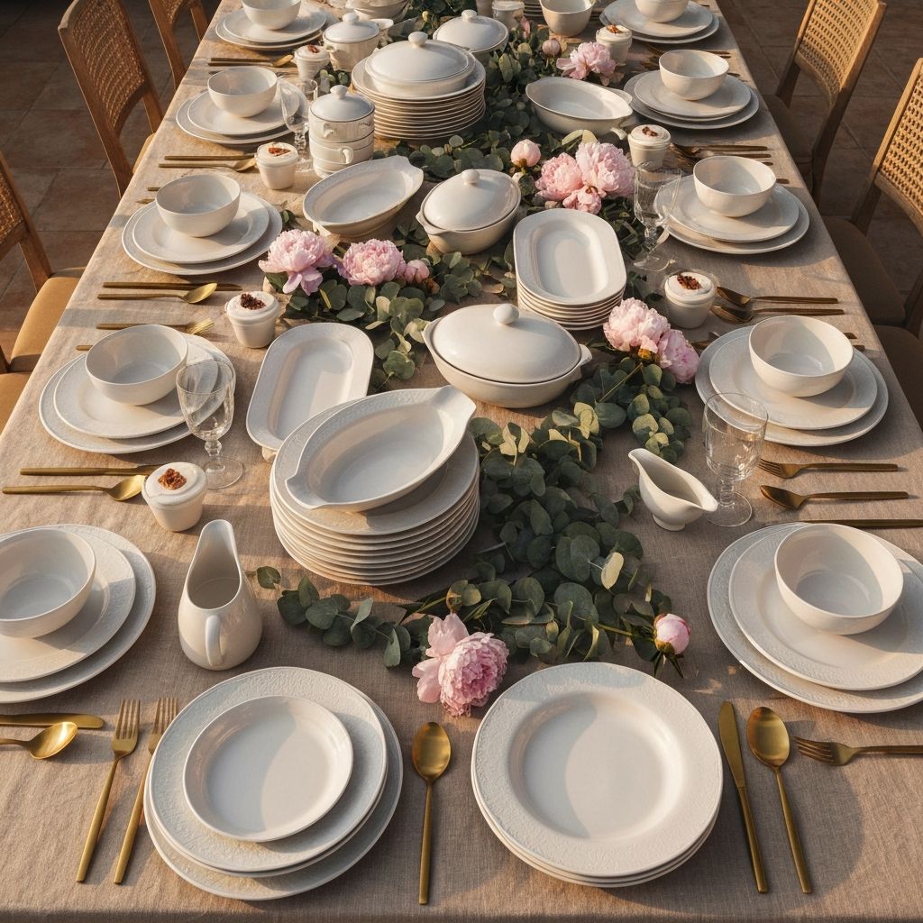 Premium melamine dinnerware set beautifully arranged on a Tuscan terrace at sunset with white peonies and golden cutlery