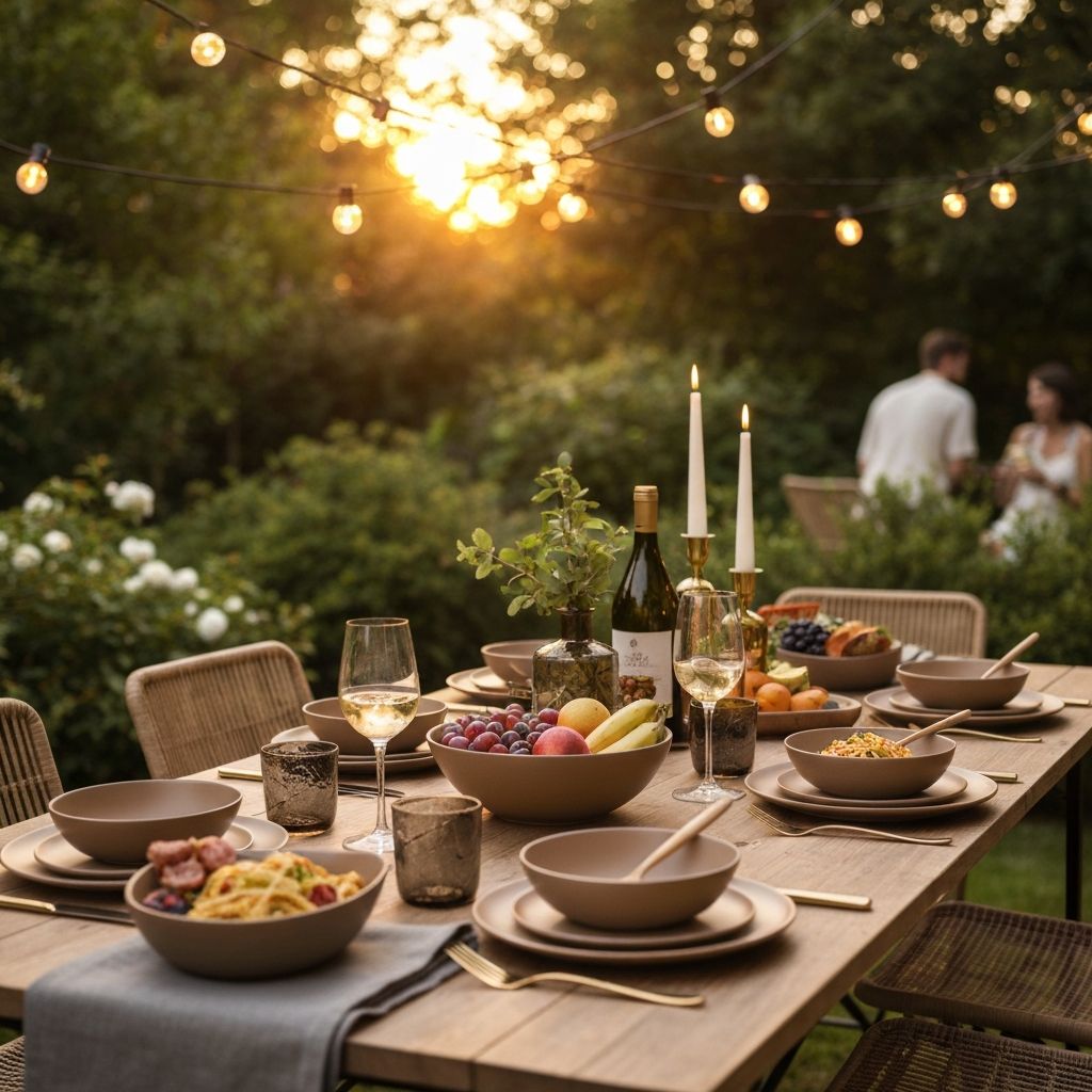 Outdoor dining setup with melamine dinnerware